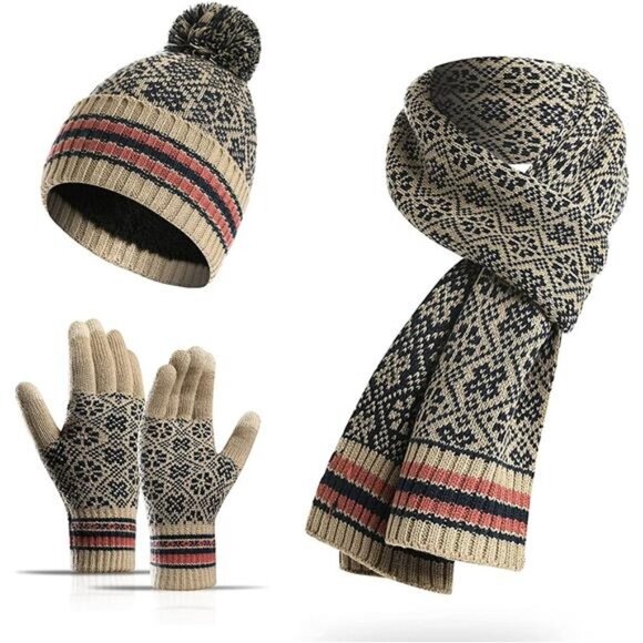 Women's Snowflake Print Beanie Hat Scarf Touch Screen Gloves Set with Pom